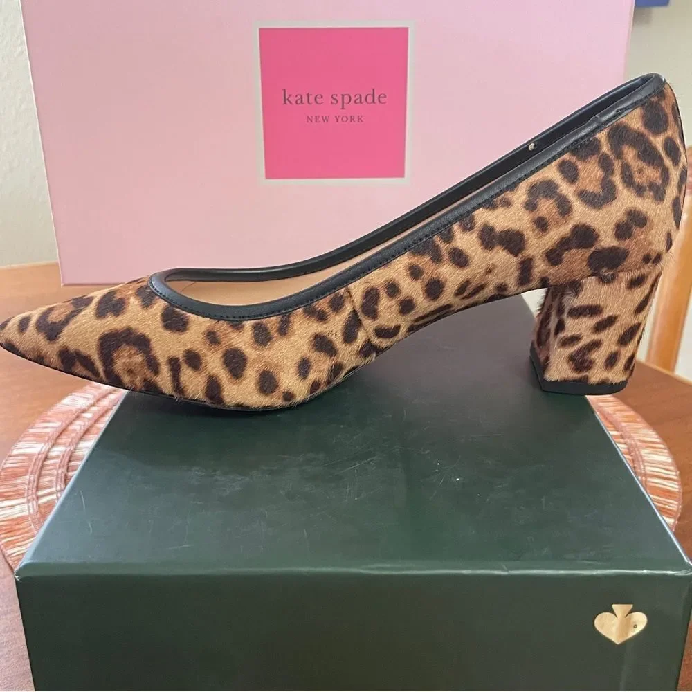 NIB Kate Spade Menorca Calf Hair Pointed Toe Pump Block Heel Brown Black Sz 5.5